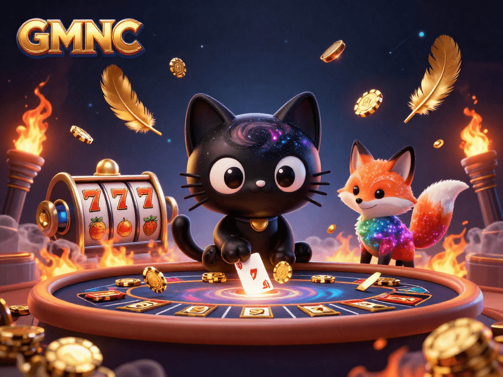 Experience GMNC's cosmic casino with a black hole cat and nebula fox, embracing winning strategies.