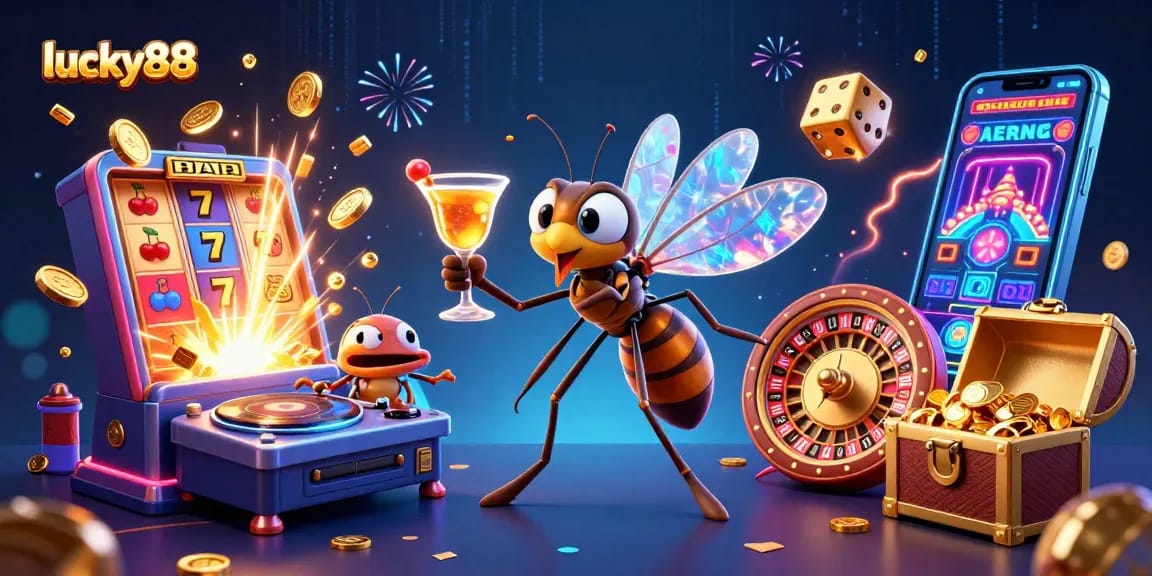 Experience lucky88's vibrant gaming scene with a dynamic casino mascot, slot machine, and roulette wheel.