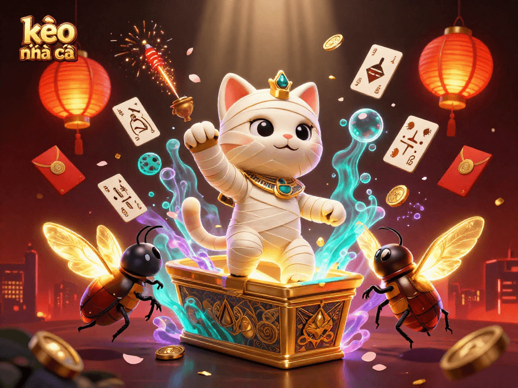 Engage with kèo nhà cái while witnessing a vibrant 3D casino scene featuring an Egyptian mummy cat.