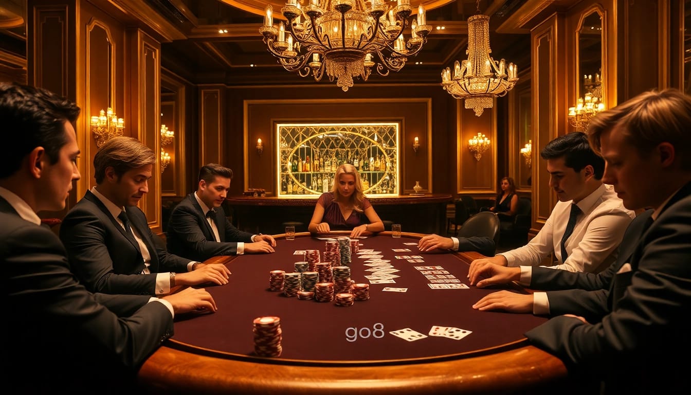 Engaged gamblers at a luxurious go8-themed poker table in a lavish casino setting.