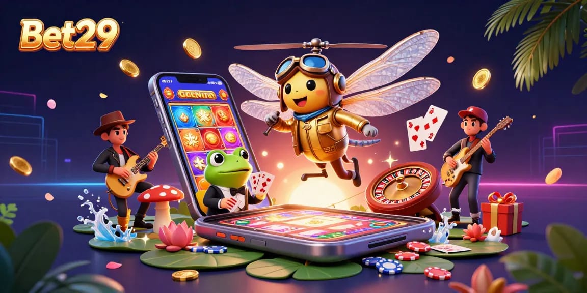Bet29 offers an exciting scene with a helicopter dragonfly pilot and a frog croupier in a vibrant casino atmosphere.