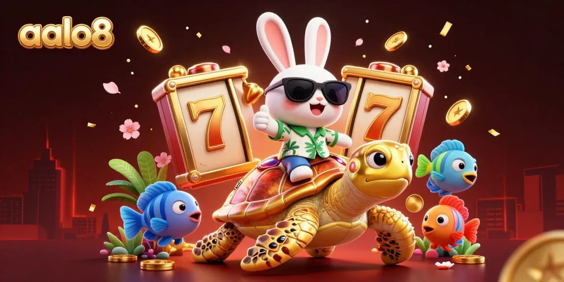 Experience excitement with aalo8 as a lucky rabbit rides a golden turtle amidst vibrant slot reels and festive elements.