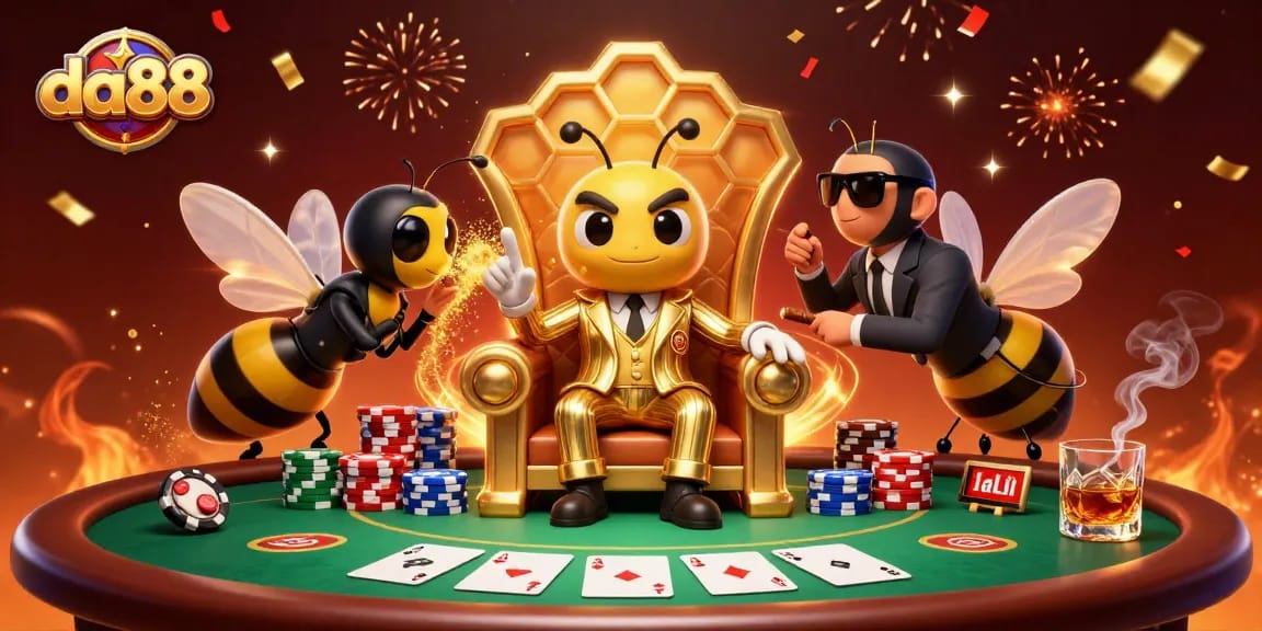 Play exciting poker with da88 featuring a bumblebee mob boss and vibrant casino elements.