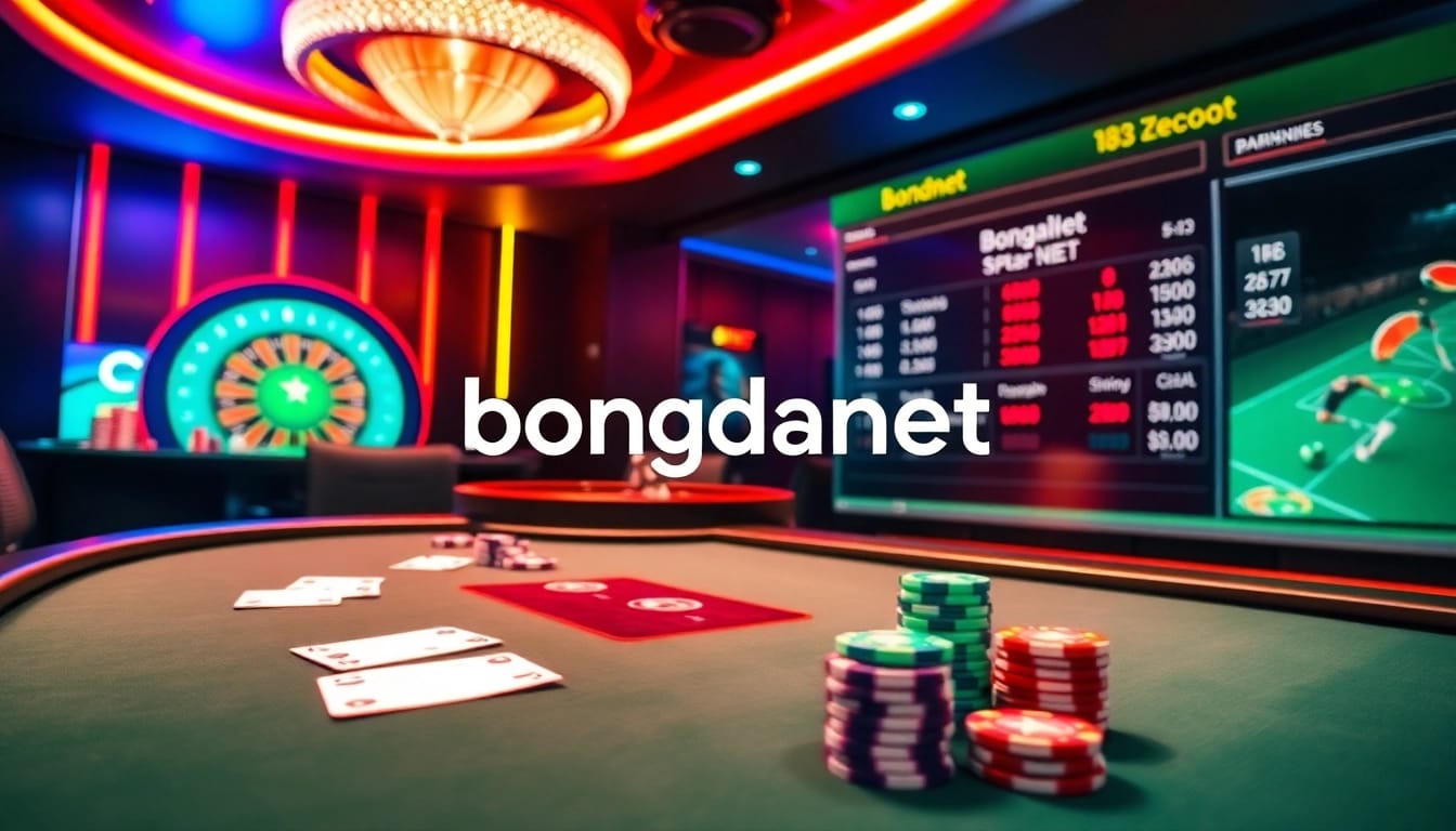 Engaging scene of a casino with poker and sports betting elements, highlighting bongdanet as a top choice.