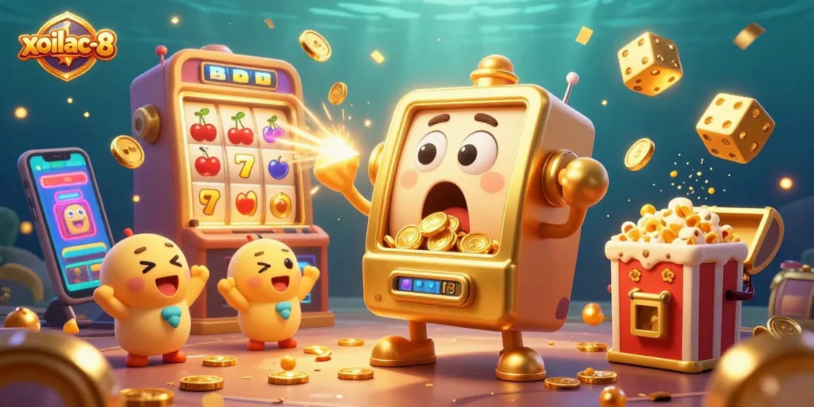 Xoilac-8 slot machine hits jackpot with coins spilling, surrounded by cheering machines and festive elements.