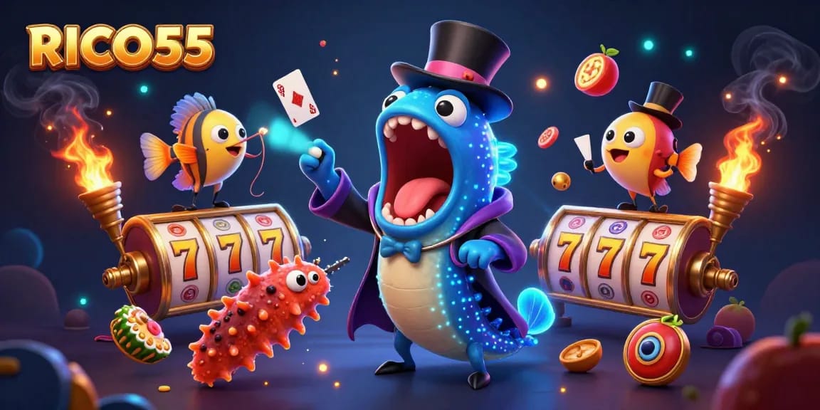 Experience thrilling jackpots and dynamic gameplay with RICO55's vibrant casino illustration.