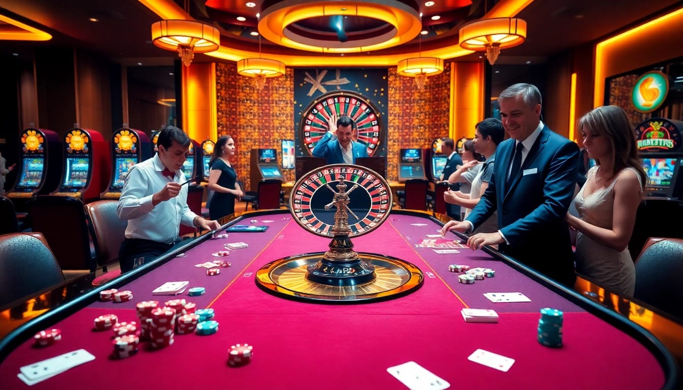 Excited players enjoying high-stakes gambling at the L567 casino table with poker chips and cards.