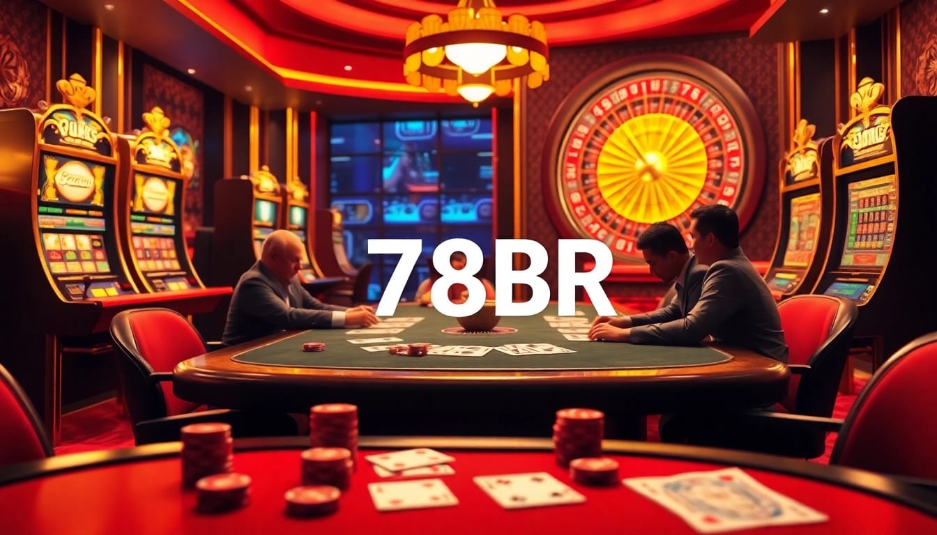 Jogadores curtindo poker e máquinas caça-níqueis no luxuoso cassino 78BR, refletindo entusiasmo e profissionalismo.
