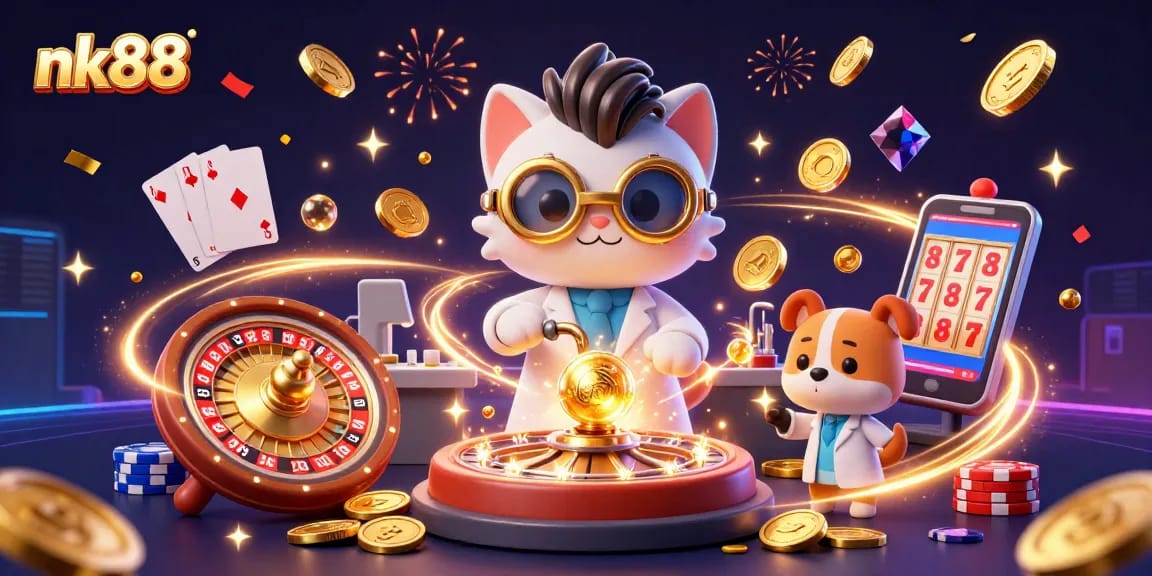 Witness nk88's dynamic casino world with a mad scientist cat and a playful dog, amidst cascading coins and poker chips.