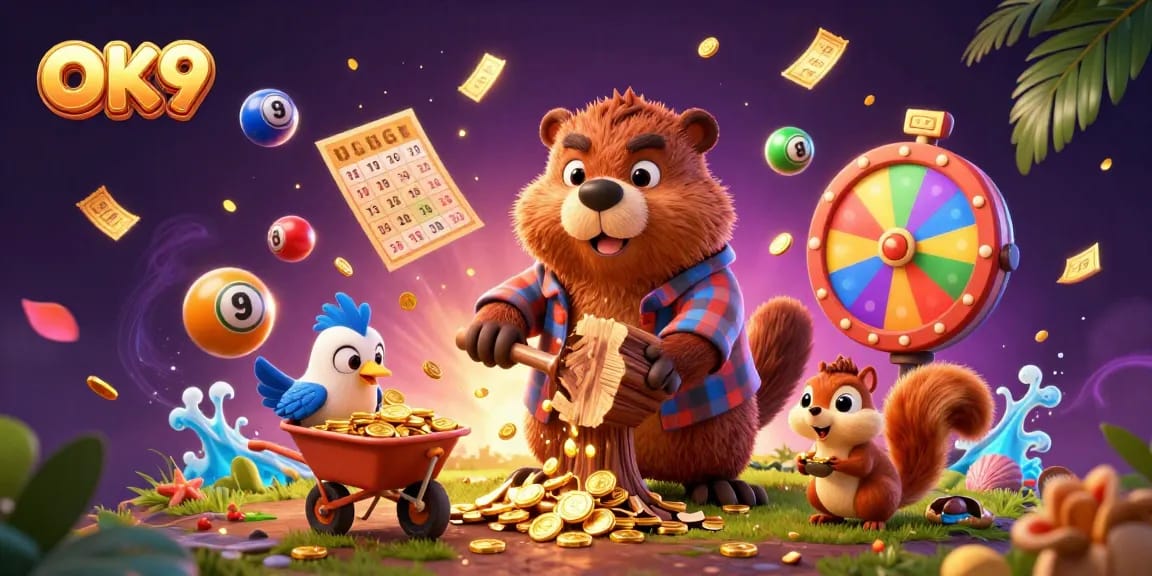 Engage in the thrilling OK9 experience with golden coins raining down in a vibrant casino scene.