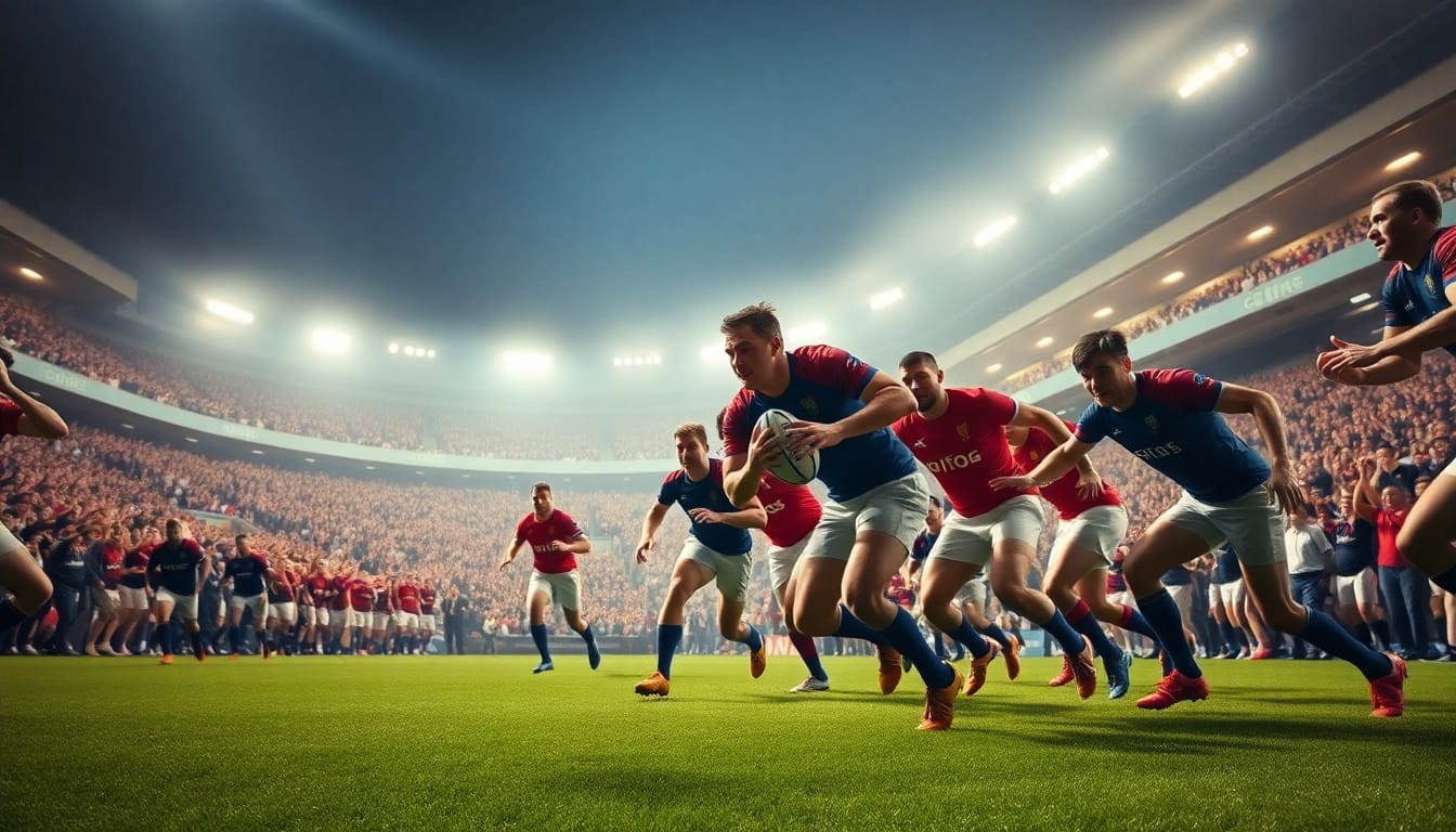 Pari sportif rugby lors d'un match intense avec des joueurs en pleine action.