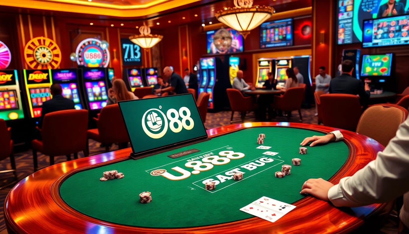 Engaging U888 online casino scene with modern slot machines and vibrant gaming tables.