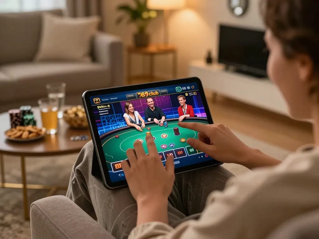 Engaging player enjoying poker games on the 789club online casino platform in a cozy setting