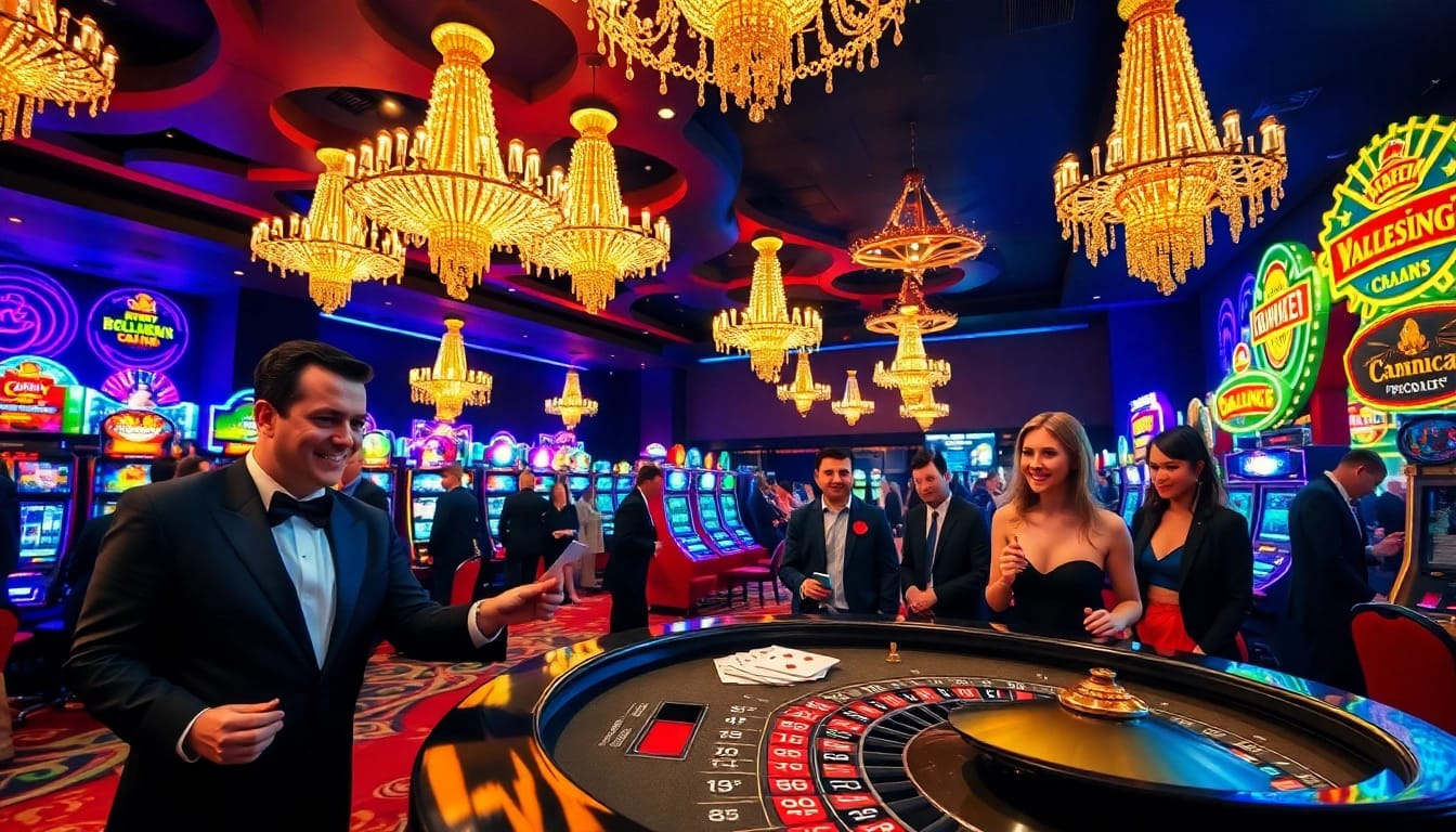 Nouveau casino en ligne avec une scène dynamique de jeux et de clients ravis.