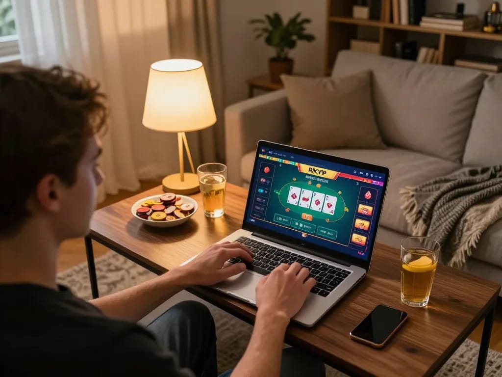 Engaging in RIKVIP online poker with a laptop in a cozy living room setup.
