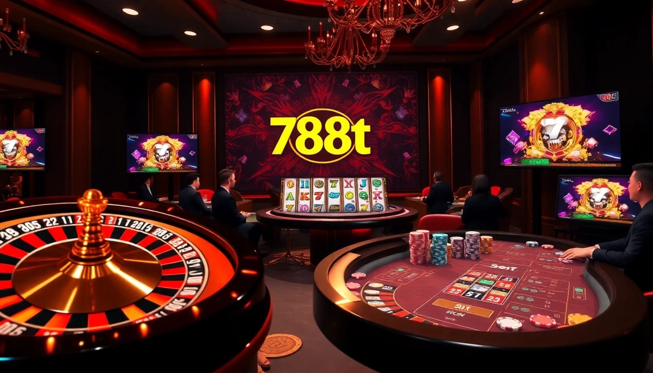 Casino players enjoying the excitement of games at 788t, with vibrant roulette and poker chips.