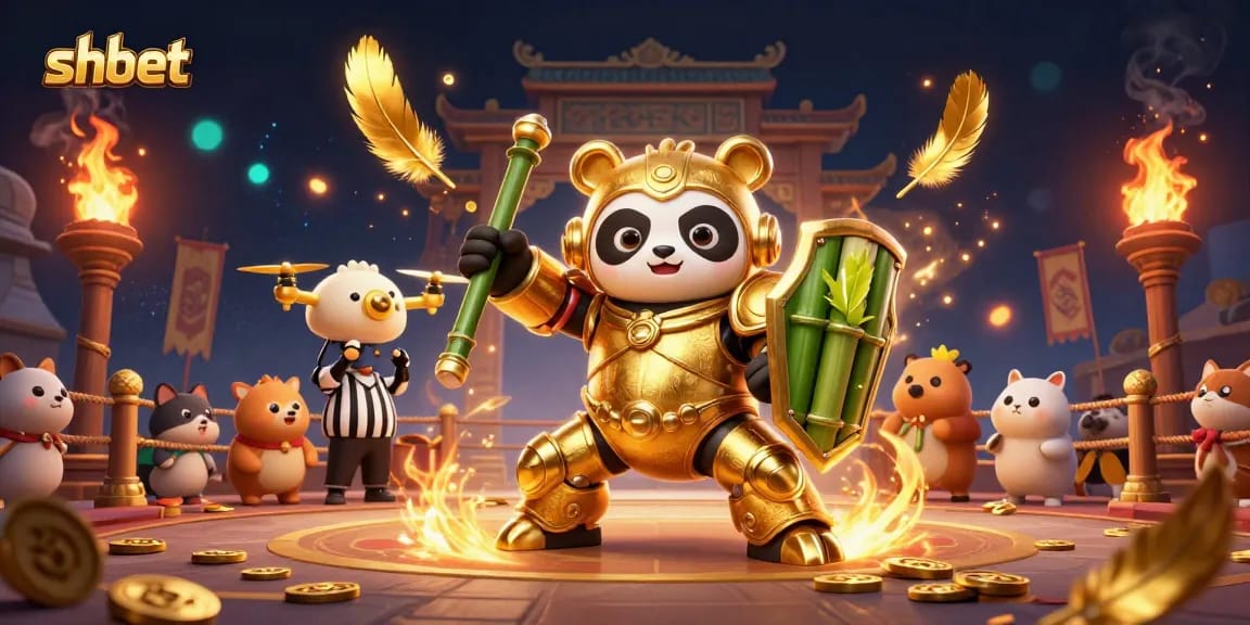 Experience thrilling gameplay at shbet with a dynamic 3D illustration of a panda piloting a robot in a vibrant casino arena.