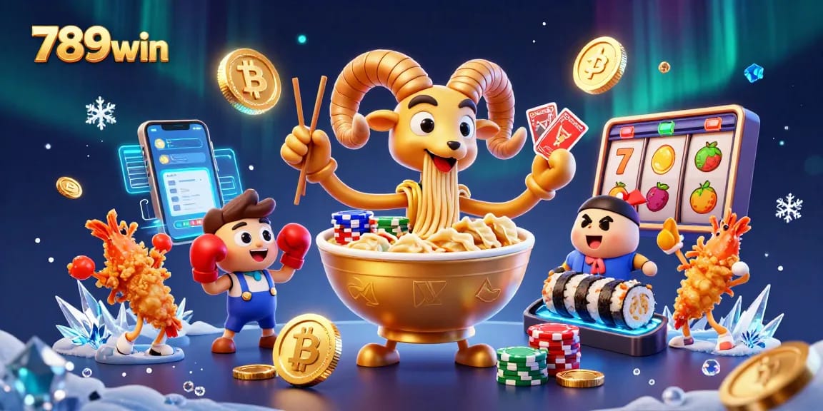 Engage with the 789win giant ramen bowl in a thrilling casino scene filled with vibrant game elements.