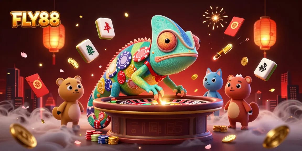 FLY88 engages players at a vibrant casino with roulette, mahjong, and festive decorations.