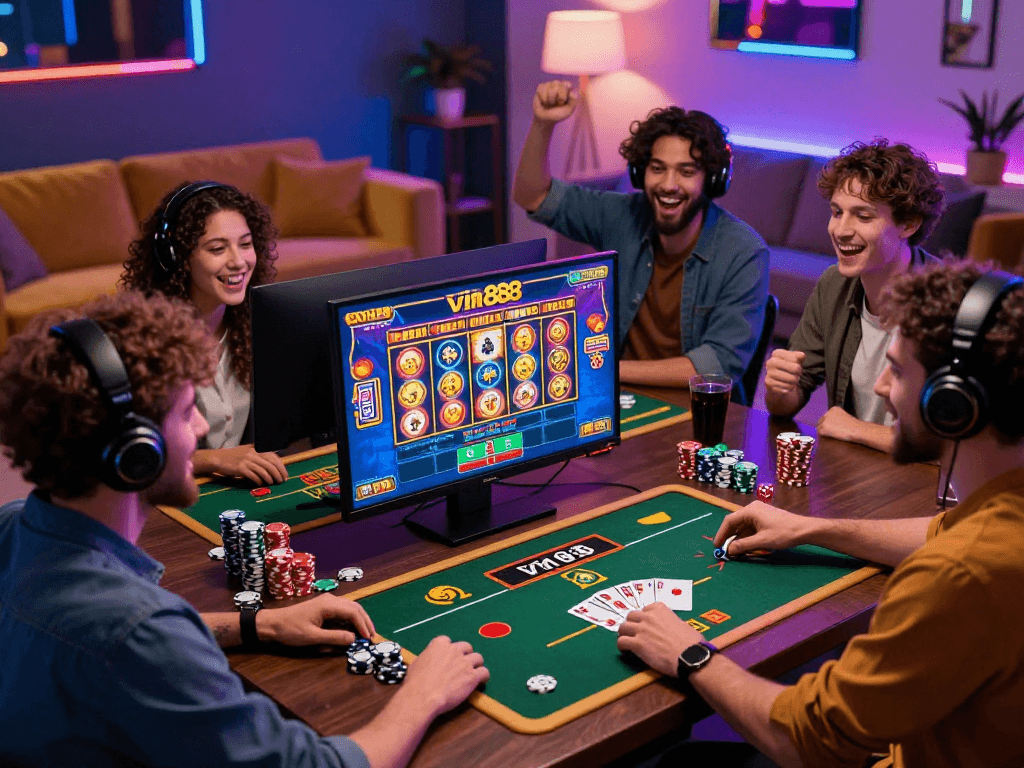 Group enjoying an online game session on vin88, vibrant atmosphere with LED lights.