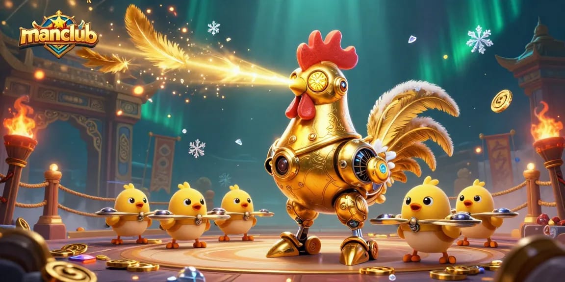 Experience thrilling gaming at manclub with a vibrant 3D retro-futuristic casino scene featuring a golden rooster robot and chick drones.