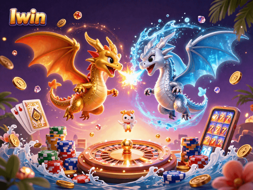 Iwin dragons unleash casino magic amid flying coins, roulette, and poker elements