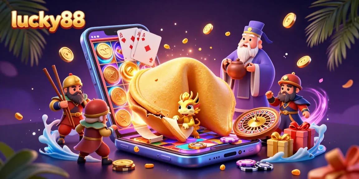 Experience the excitement of lucky88 with a dynamic casino scene featuring 3D characters and vibrant game elements.