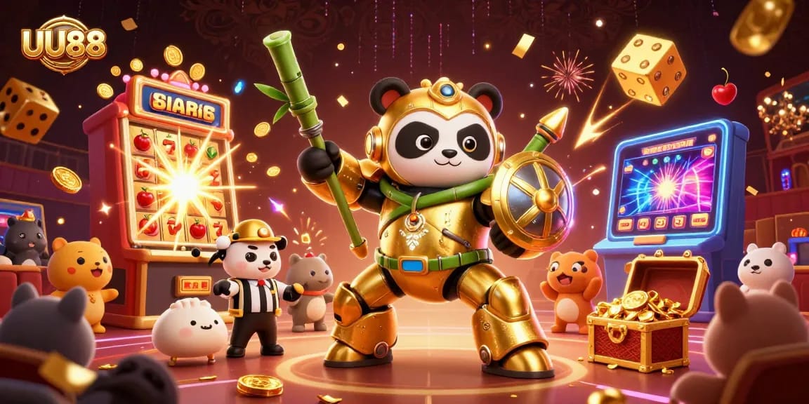 UU88 features a lively 3D panda pilot amid casino festivities, showcasing jackpot fun.