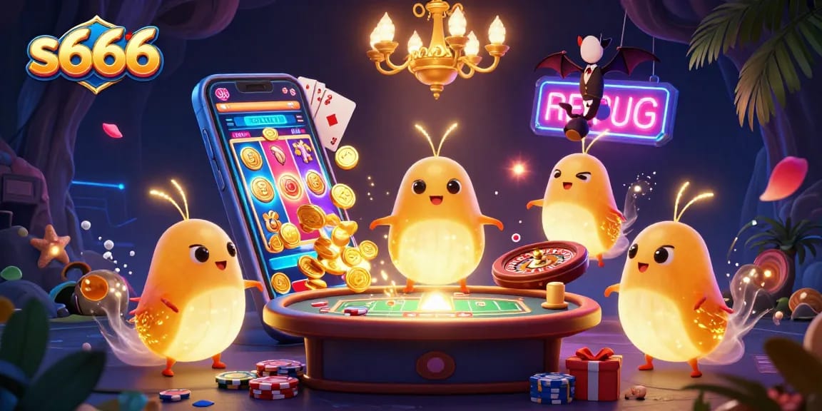S666 casino glowworms illuminate a vibrant online gaming scene with dynamic slot elements and colorful action.