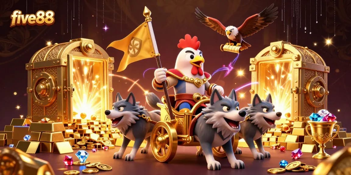Engage in gaming excitement with five88, featuring a cartoon rooster warlord and treasure vaults.