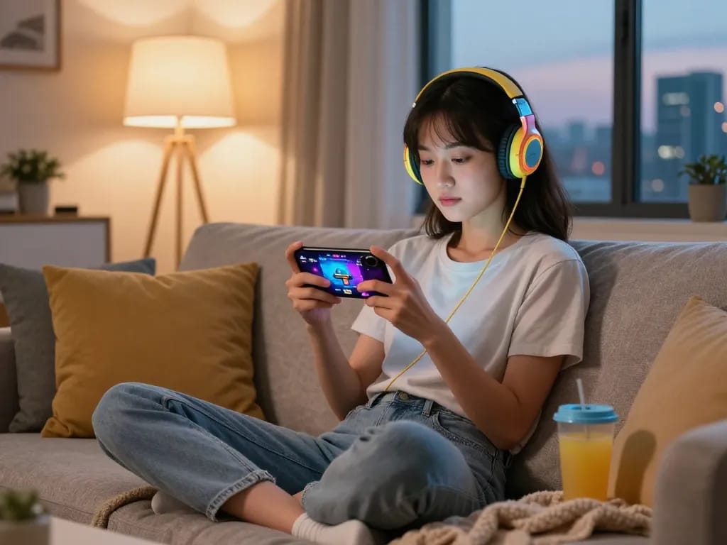 Mobile porn game scene featuring a woman enjoying a gaming experience on her smartphone in a cozy living room.