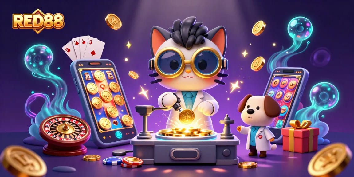 Experience RED88's gaming excitement with a cartoon scientist and dog in an action-packed casino scene.