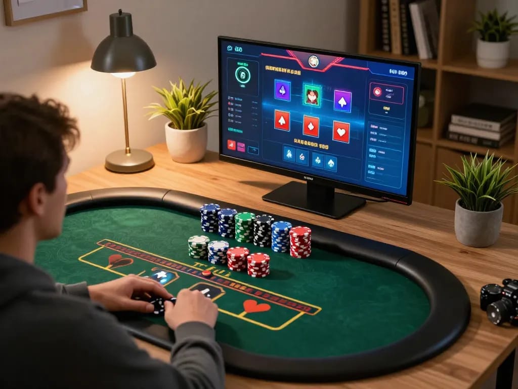 Online poker gameplay experience with 45678 gaming interface and vibrant poker chips on the table
