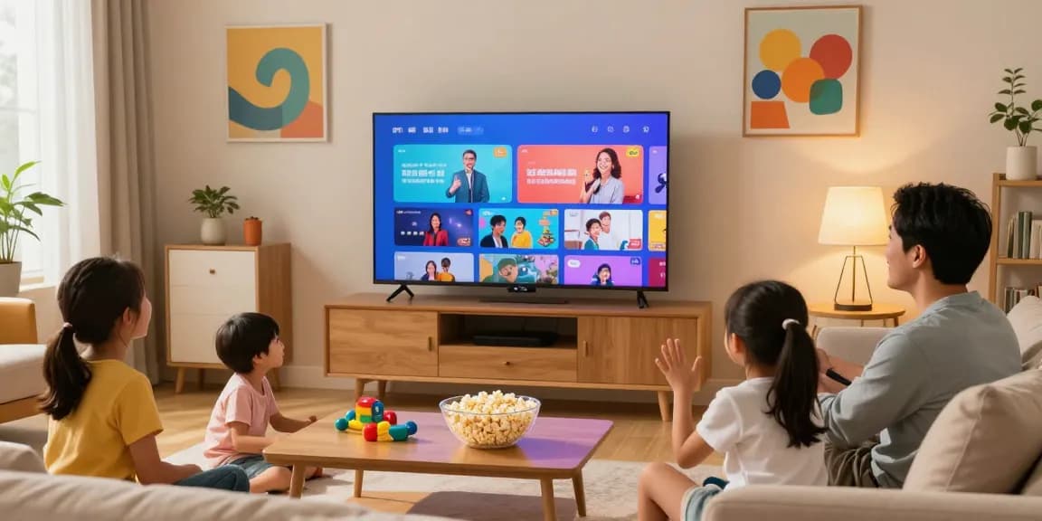 Família feliz assistindo conteúdo no melhor IPTV Brasil, ambiente aconchegante e alegre.