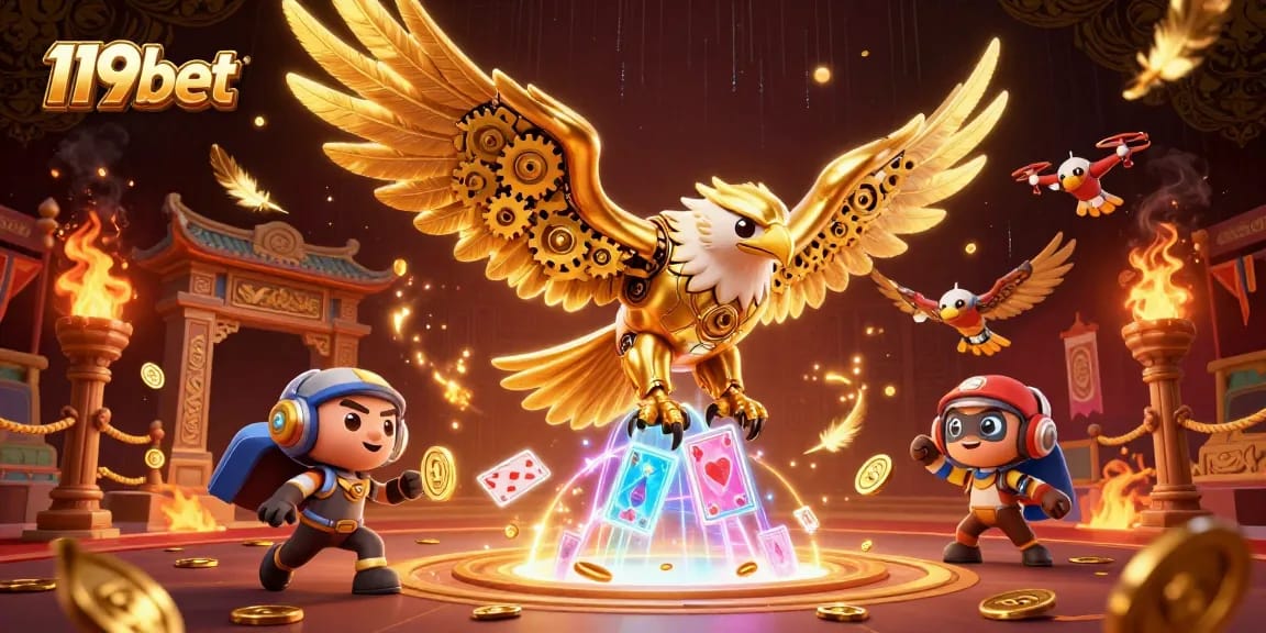 Experience the thrill of 119bet with an exciting 3D illustration of a golden eagle amidst dynamic casino elements.