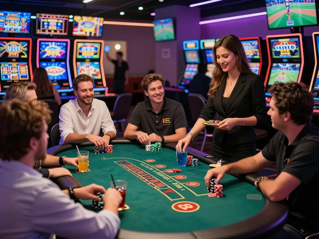 Exciting online gambling at OK365 with players at various gaming tables in a vibrant casino atmosphere.
