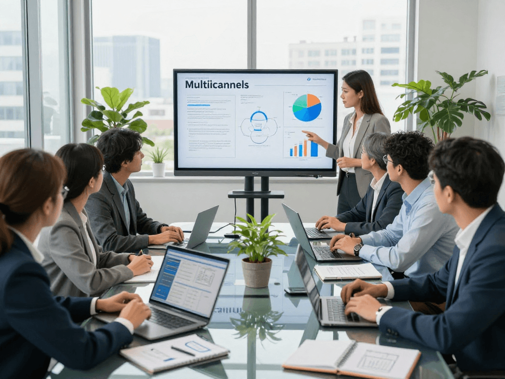 Equipe de consultoria discutindo estratégia multicanais em ambiente profissional moderno.