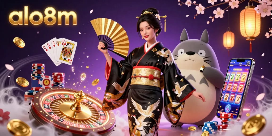 Engage in immersive gaming at alo8m with a lively casino illustration showcasing slot elements and vibrant characters.