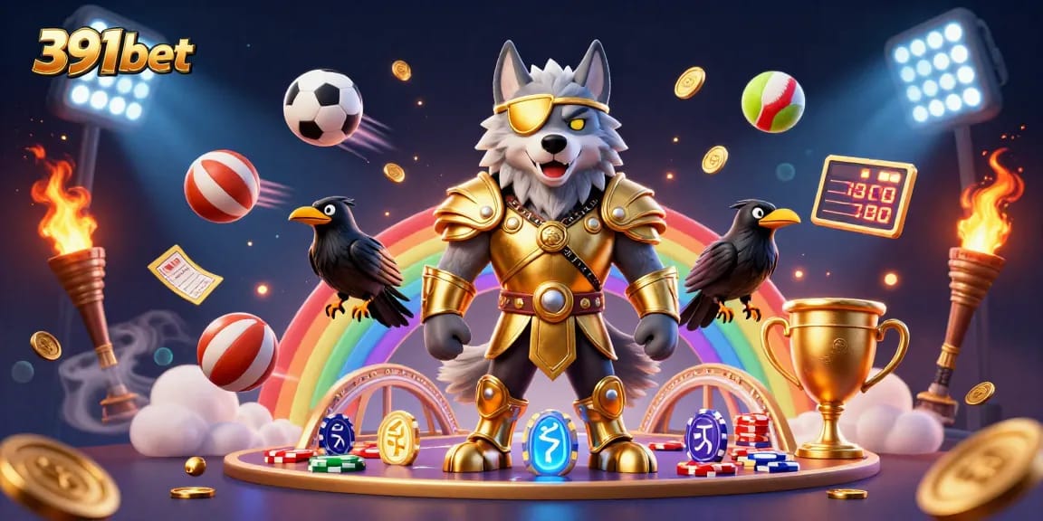 Betting at 391bet: A vivid 3D scene depicting excitement with Odin and sports elements.