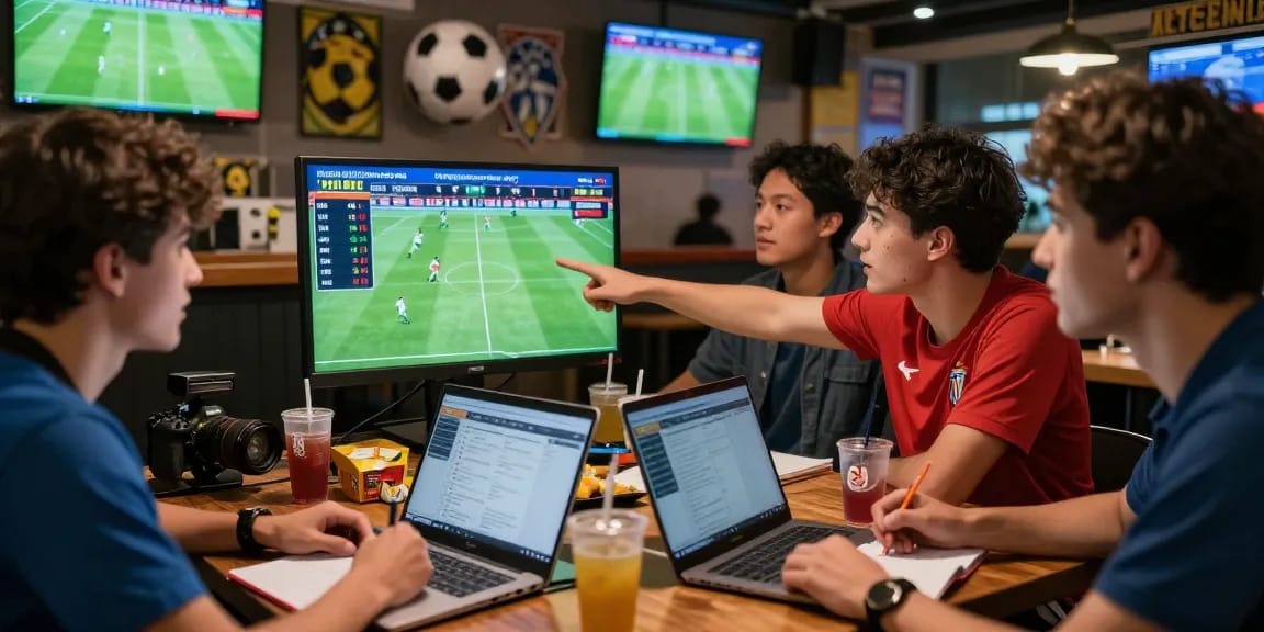 Soccer bettors analyzing real-time odds and statistics at a sports bar, representing giai ma keo nha cai for informed betting.