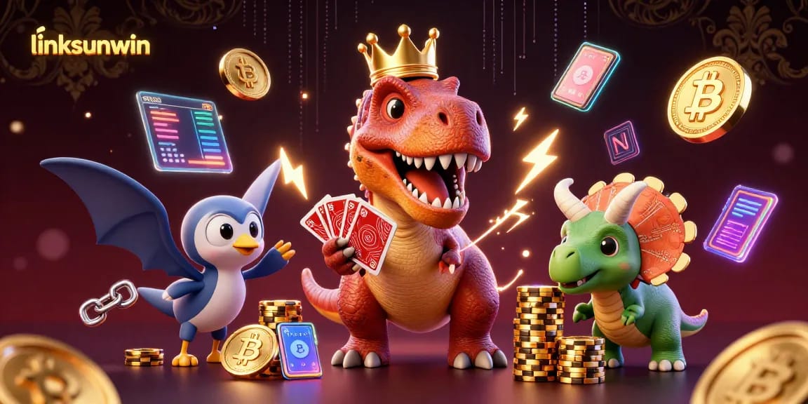 Win big with linksunwin: A playful T-Rex shuffles cards amidst vibrant crypto casino elements.