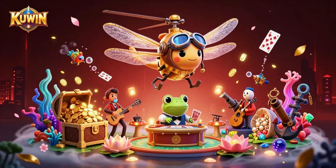 Play big with KUWIN at a lively casino scene featuring engaging characters and rich game elements.