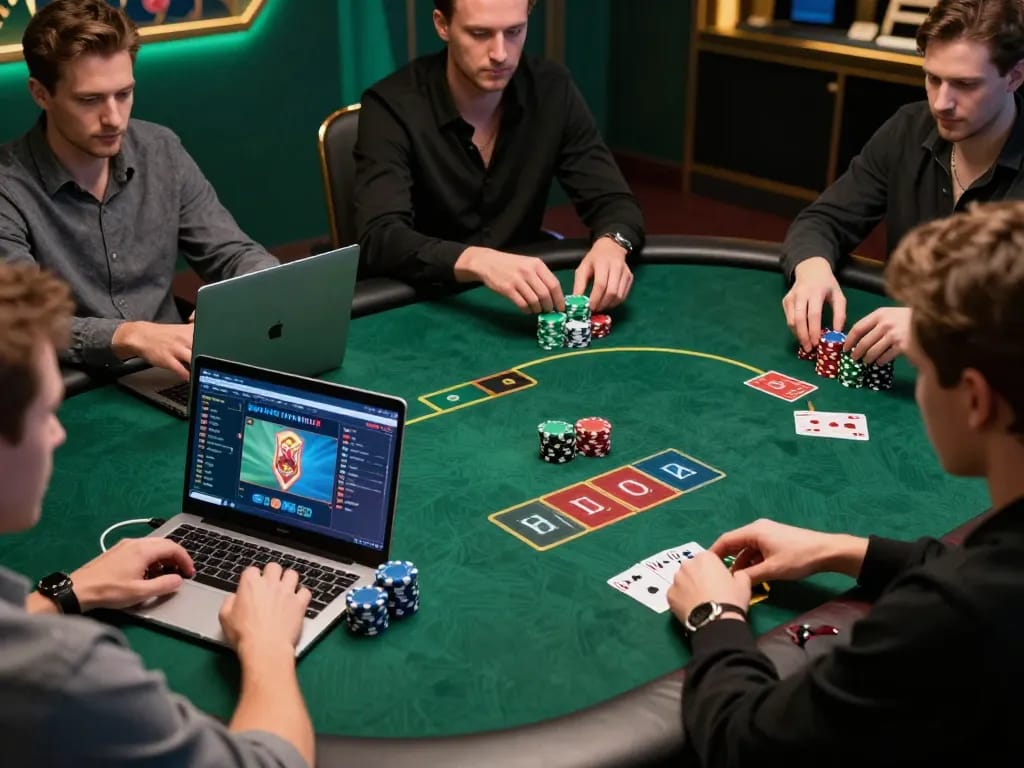 kp88 poker players engaging in an online game, showcasing an exciting betting atmosphere.