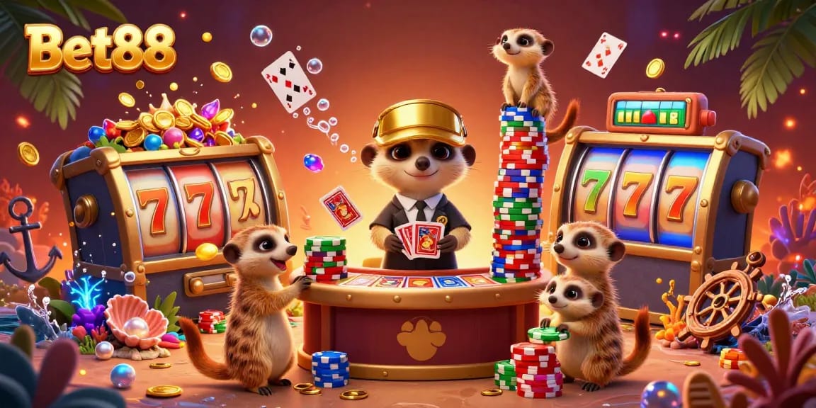 Experience thrilling gameplay at Bet88 with meerkats running a vibrant casino scene filled with colorful gems and slot reels.
