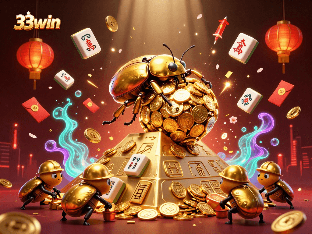 Engage with 33win and witness a dynamic casino scene filled with golden treasures and vibrant symbols.