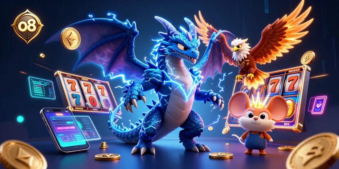 Engage with the exciting world of o8's casino platform, featuring vibrant 3D characters and crypto elements.