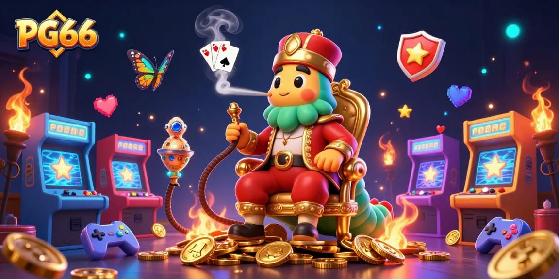 Experience the excitement of PG66 with a vibrant 3D illustration showcasing casino magic and gaming elements.
