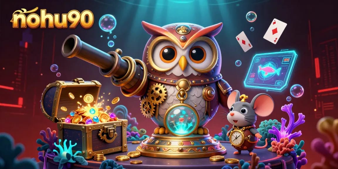 Nohu90 showcases an engaging casino illustration with vibrant 3D characters and dynamic gambling elements.