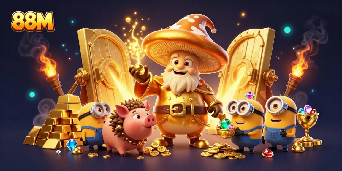 88M brings golden treasures to life with a magical mushroom wizard, a gemstone-carrying pig, and riches galore.
