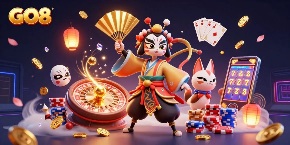Engage in the excitement of GO8 casino gaming with vibrant 3D illustrations of kabuki warriors and dynamic elements.